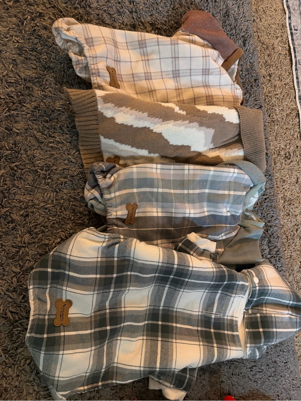 Koolaburra Plaid & Knit Dog Sweaters in Cream, Tan, Gray